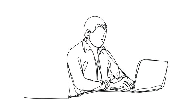 Continuous line a man working on laptop illustration. Minimal one line business design.