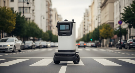 Fototapeta premium Autonomous delivery robot crossing a city street on a pedestrian crosswalk