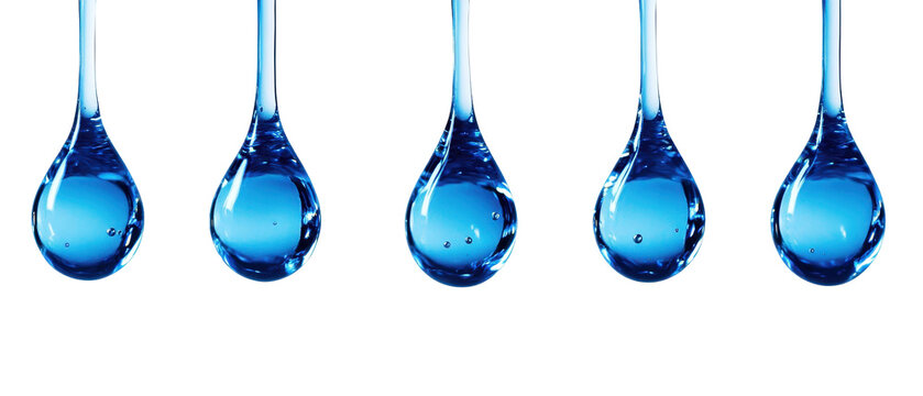 Close-up of Blue Liquid Droplets Falling from Thin Glass Tubes on Black Background