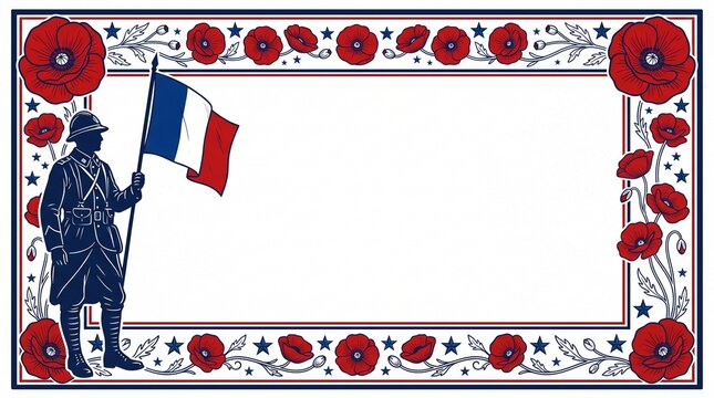 French soldier silhouette with flag and poppy flowers frame for memorial day commemoration