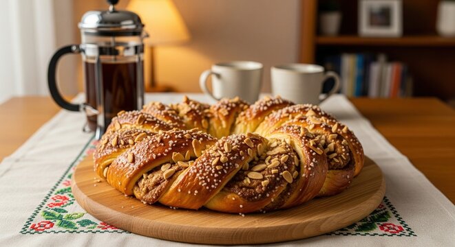 Homemade braided cinnamon bread wreath with almonds and coffee served on a cozy dining table