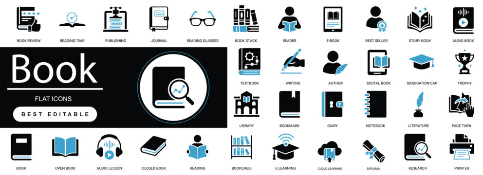 Book Solid Icon Set. Reading, Education, Library, Knowledge, Textbook, Learning, Literature, Diary, Ebook, Bookstore. Editable Vector Illustration.