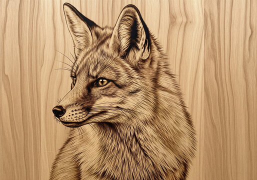 Detailed pyrography wood burning art of fox head portrait on light wooden texture board