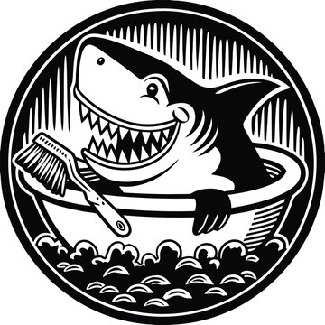 Shark, cartoon shark, black and white, vector icon, toothbrush, bathroom, monochrome