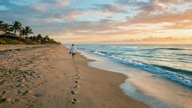 Adult caucasian man walking alone on a sandy beach at sunrise leaving footprints behind. Panoramic coastal scene for travel and relaxation concepts