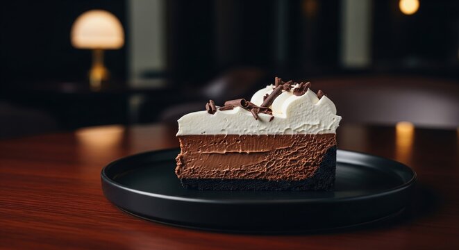 Slice of chocolate mississippi mud pie with whipped cream and shavings on black plate in cafe