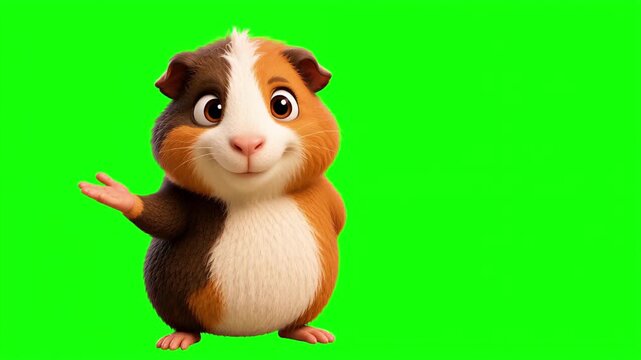 3D animated guinea pig character talking and explaining, cute comic mascot isolated on chroma key green screen background