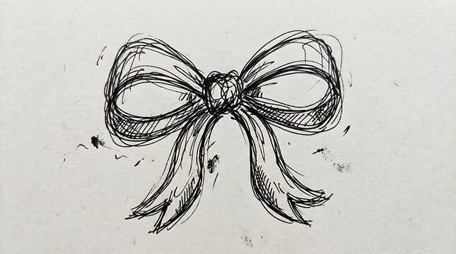 Hand drawn scribble bow element with flowing ribbons on transparent background