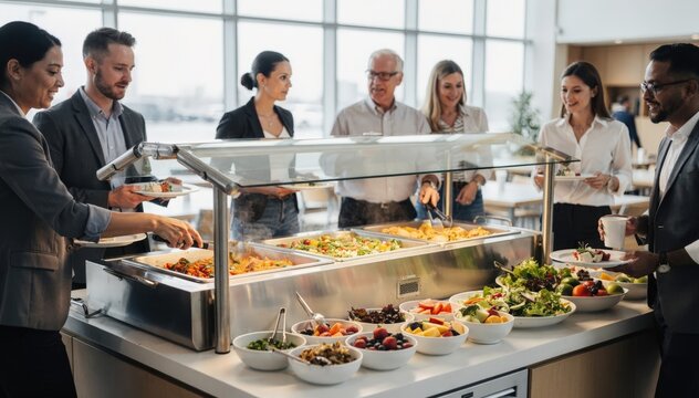 Dynamic medium shot of tech professionals serving themselves at a branded corporate buffet lunch with sharply focused hot and cold stations the surrounding space gently blurred.