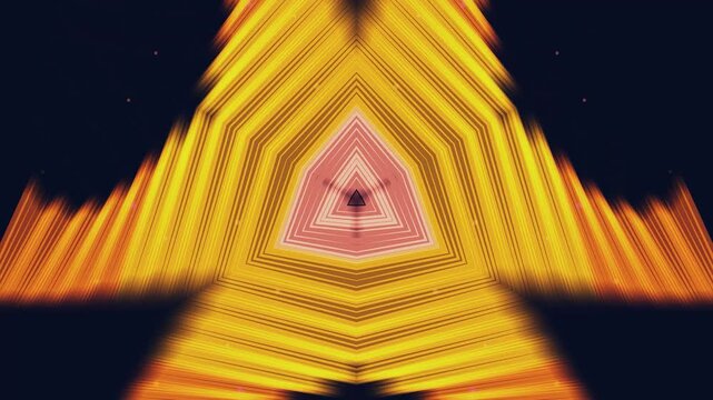 Vibrant triangular pattern with concentric shapes and lines in yellow and orange hues on black background, perfect for background animation