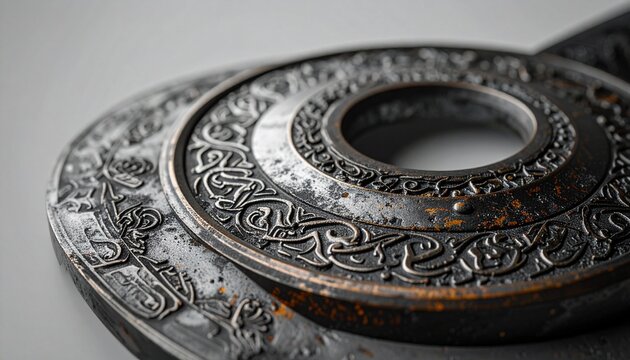 Traditional Japanese sword guard tsuba with intricate sukashi carving in close-up studio detail