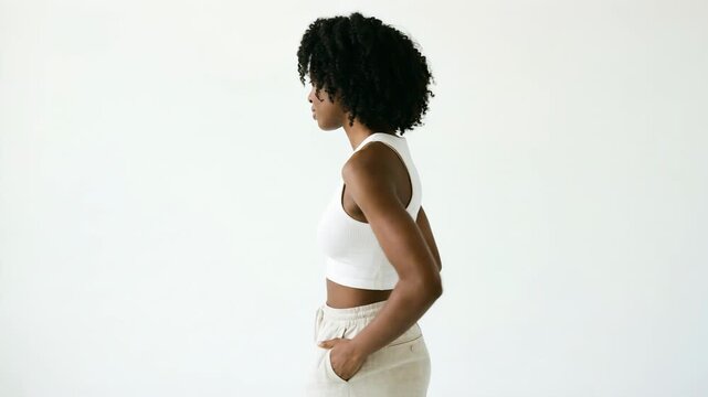 Three angle composite of a young african american woman in casual clothing. Model turnaround showing front side and back for fashion or character reference. Minimalist apparel concept