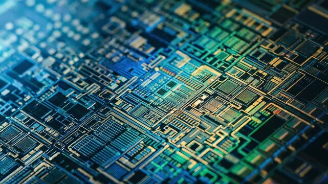Detailed microchip surface with glowing electronic pathways. Technology banner representing innovation in hardware and semiconductor manufacturing