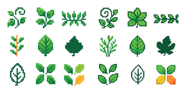 Nature icons with leaf branch sprout pixel