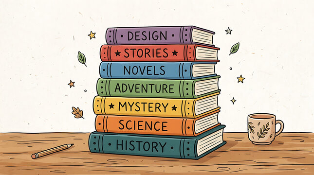 Hand drawn flat design stack of books with mug and pencil on transparent background