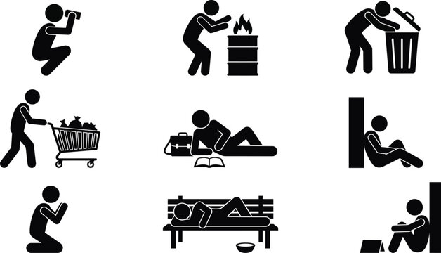 Collection of stick figure icons representing various social situations and activities in a simple black and white vector illustration style