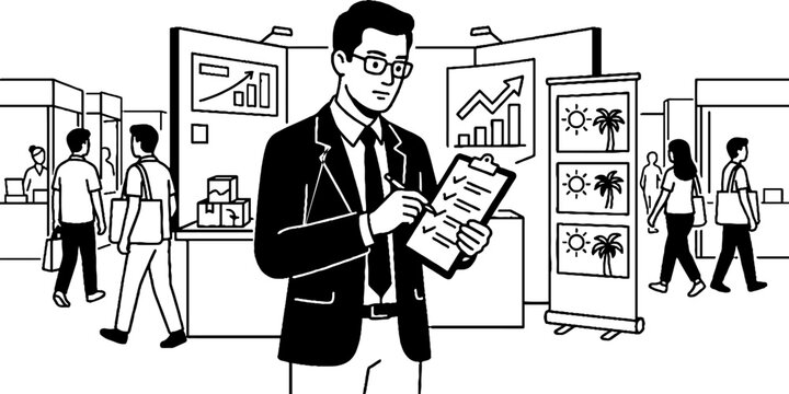 Event coordinator with checklist at business trade show exhibition
