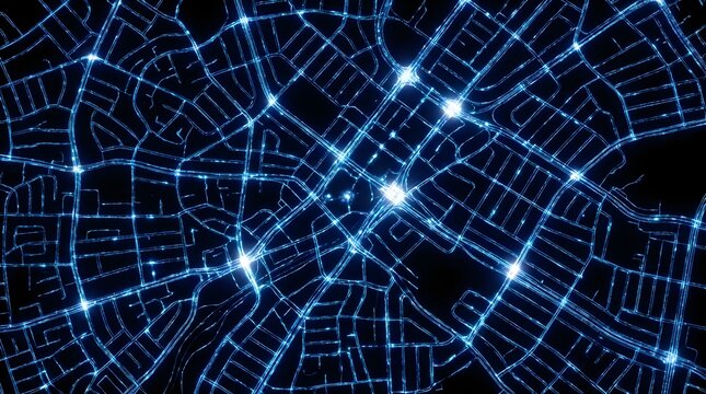Futuristic abstract technology background glowing digital city map navigation network grid data road stream
