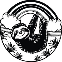 Fototapeta premium Black and white sloth hanging from rainbow, tropical vector illustration, monochrome animal design, cute mammal icon