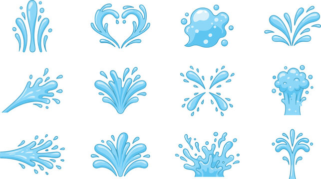 Collection of blue water splash effects and liquid bursts cartoon vector illustration set isolated on white background