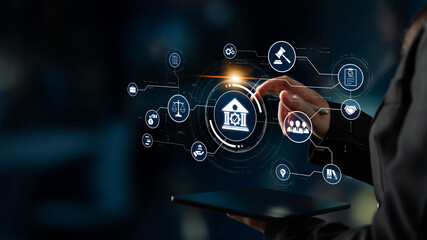 Obraz premium Futuristic digital law interface displaying justice scale, highlighting digital law, AI compliance, digital law systems, and digital law regulations for secure governance. Spline