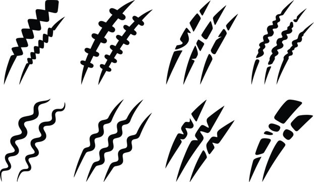 Set of black animal claw marks and sharp scratch texture silhouettes isolated on white background with predator, aggressive