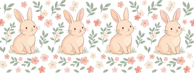 Naklejka premium Seamless pattern with cute bunny rabbits flowers and leaves spring cartoon vector illustration background design