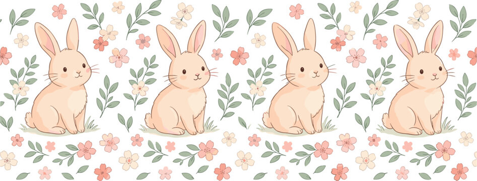 Seamless pattern with cute bunny rabbits flowers and leaves spring cartoon vector illustration background design