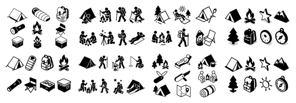 Outdoor camping icons with tent backpack campfire minimal