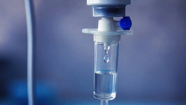 Close-up of the infusion process. A drop of saline is dropped for intravenous infusion.