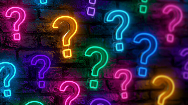 Vector realistic isolated neon sign displaying a seamless repeating question mark pattern in vivid glowing colors, trivia night and quiz event decoration concept, template and
