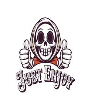 PNG image for T shirt design. Rubber hose style cartoon illustration of a cheerful skull in a loose. 