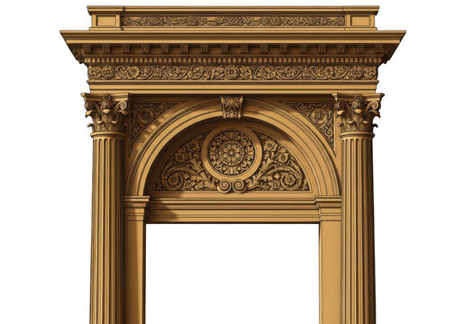 Golden ornate archway with intricate carvings isolated on transparent background