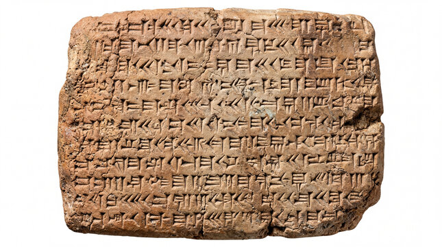Ancient Mesopotamian clay cuneiform tablet macro isolated on white background