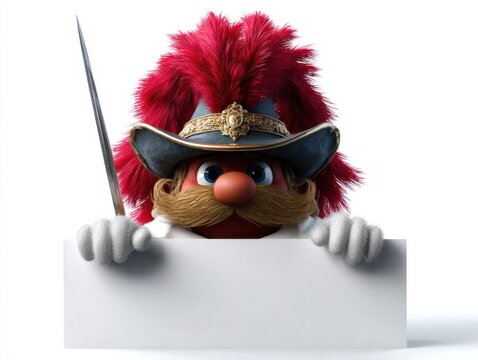 Muppet style musketeer puppet 3d red feather hat holding sign