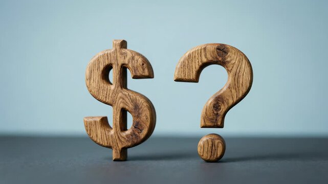 Wooden dollar sign and question mark symbolizing financial questions and economic doubt. Investment risk, market volatility and budget planning concept