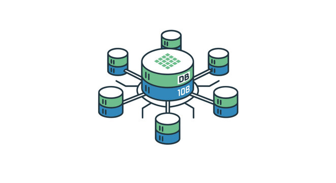 Centralized Database Network Hub with Connected Data Storage Cylinders - Digital Technology