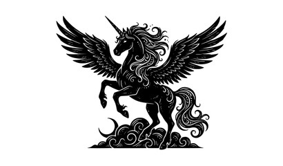 Naklejka premium Mythical Winged Unicorn Silhouette Vector Sketch Illustration Fantasy Animal Design