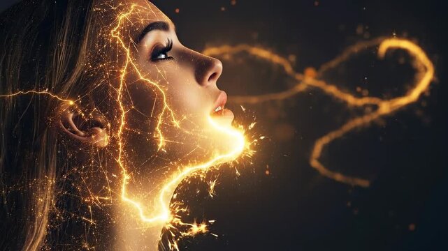 Woman's face illuminated by golden energy sparks and abstract light patterns