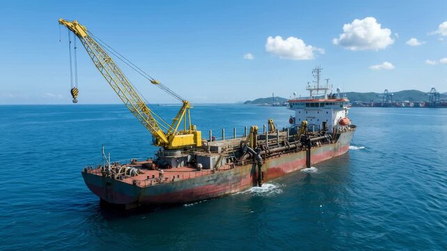 Industrial dredger ship with a large crane sailing across the blue sea on a clear day. Aerial perspective of a maritime vessel involved in marine engineering or logistics