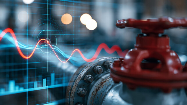 Close-up of an aged industrial pipeline and red valve with a glowing digital financial line graph overlay, energy market trend monitoring and commodity price change concept,