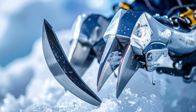 Close-up of ice climbing crampons and ice axe picks on frozen surface in winter sport setting