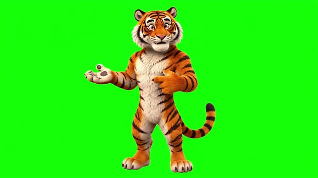 3D animated tiger character talking and explaining, cute comic mascot isolated on chroma key green screen background