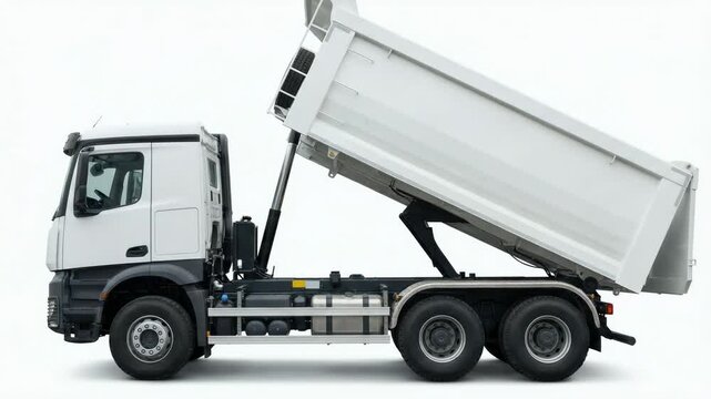 Three-frame sequence of a white dump truck raising its tipper body. Heavy machinery for construction and hauling industry. Isolated vehicle for transport concepts