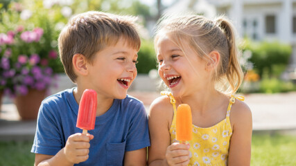 Plakat Happy little boy and girl enjoying colorful ice cream popsicles outdoors on sunny summer day, joyful childhood friendship portrait