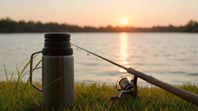 Steaming thermos and fishing rod on a grassy lake bank at sunrise. Warm golden hour light over water with subtle ripples. Outdoor leisure activity concept