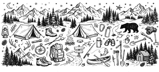 Obraz premium Hand-drawn illustration of a camping scene in the mountains with tents, a campfire, a bear, and various outdoor adventure gear