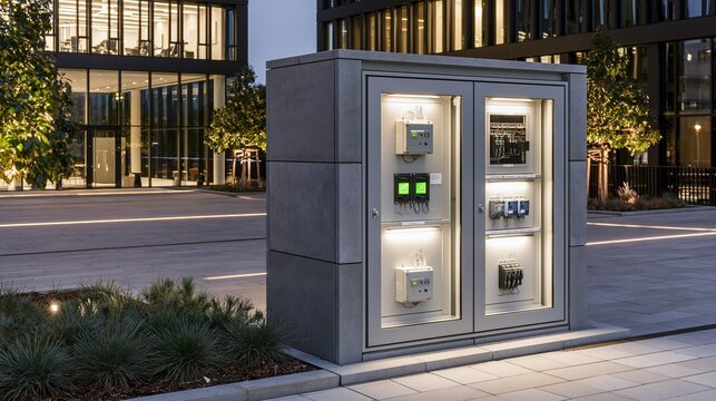 Architectural lighting control enclosure in a modern building featuring compact dimmer boxes and relays managing dynamic indoor and outdoor illumination.