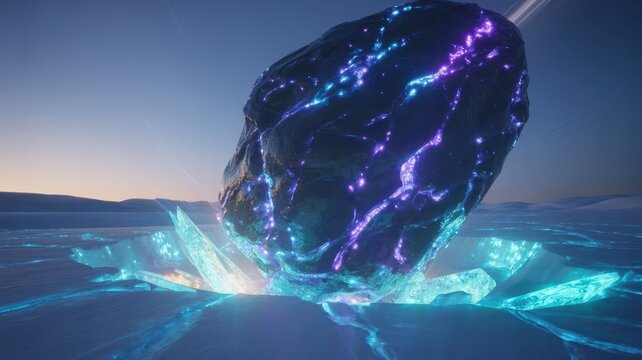 Large glowing meteorite impact on icy surface with radiant effect and ice shattering