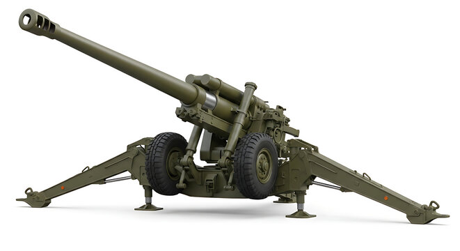A military howitzer cannon sits ready on its tripod in a field environment for action.